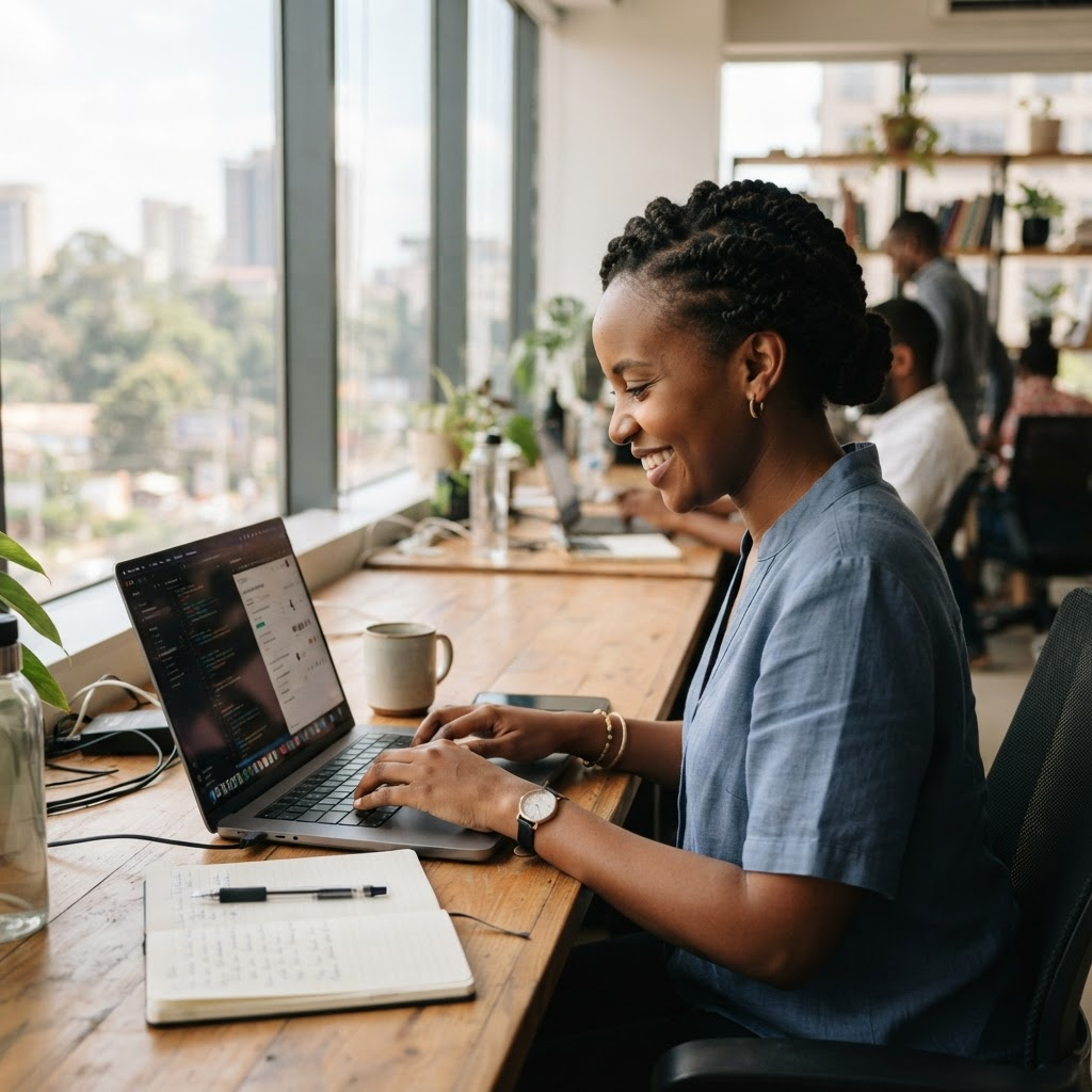 African professional working on a laptop in Nairobi
